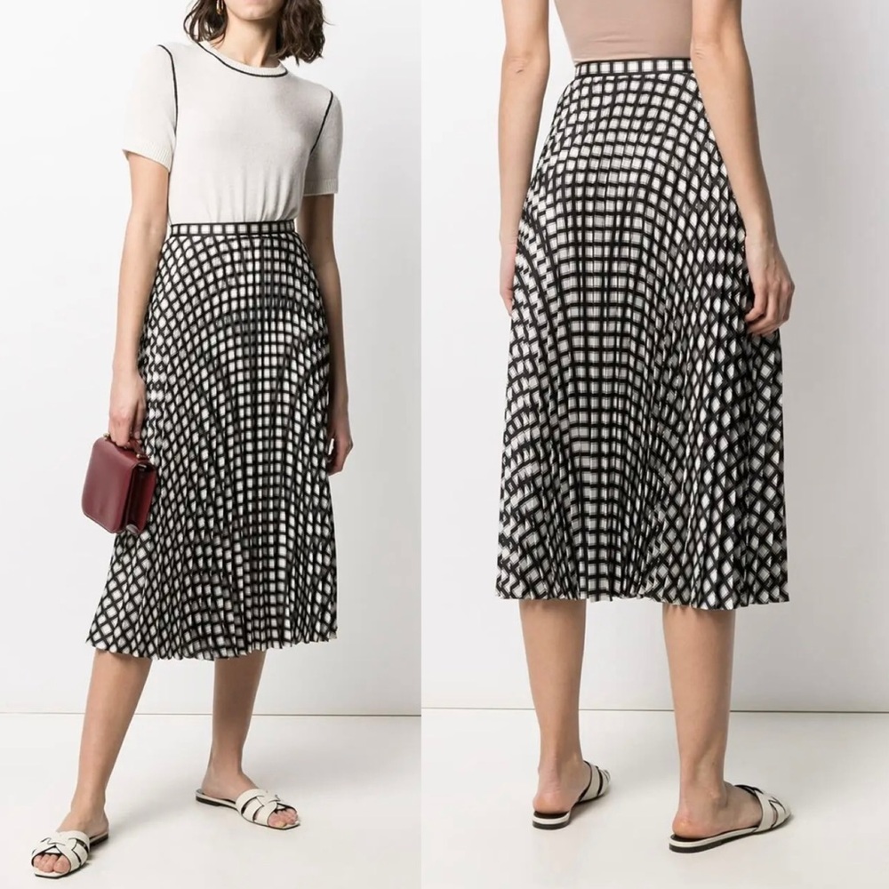 Theory Geometric Check Pleat Midi Skirt
